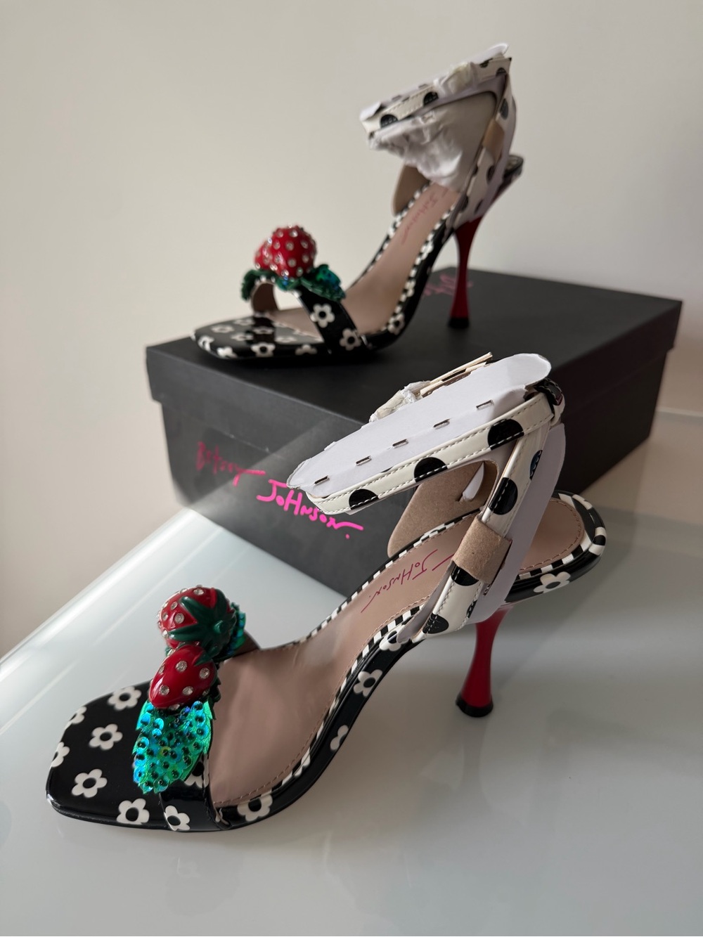 Betsey Johnson Black & White Floral polka Heels with Red Strawberry Accent